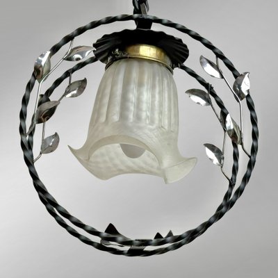 Swedish Modern Wrought Iron Pendant Lamp with Organic Leaf Decor, 1940s-LIV-2043409