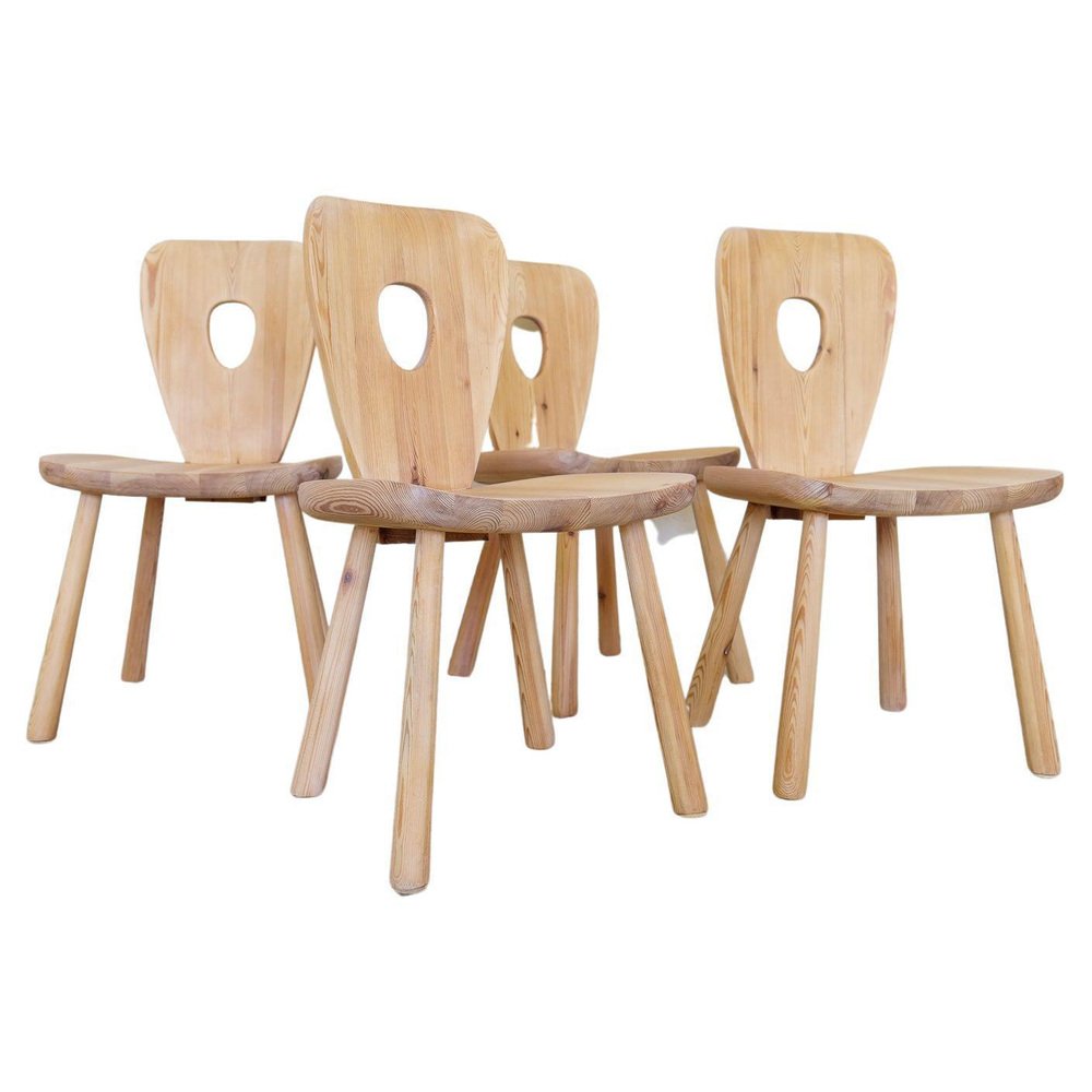 Swedish Sculptural Dining Chairs in Pine by Bo Fjaestad, 1930s, Set of 4