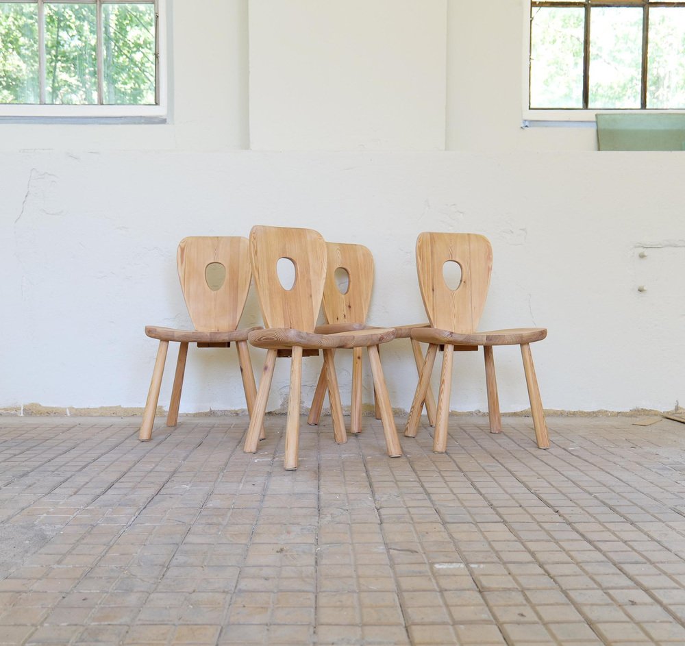 Swedish Sculptural Dining Chairs in Pine by Bo Fjaestad, 1930s, Set of 4