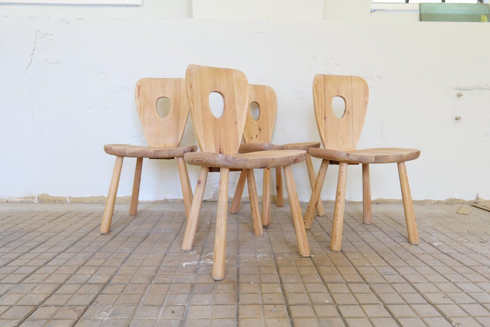 Swedish Sculptural Dining Chairs in Pine by Bo Fjaestad, 1930s, Set of 4