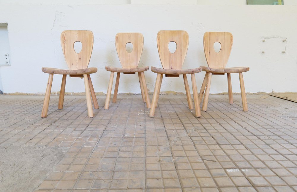 Swedish Sculptural Dining Chairs in Pine by Bo Fjaestad, 1930s, Set of 4