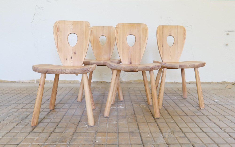 Swedish Sculptural Dining Chairs in Pine by Bo Fjaestad, 1930s, Set of 4