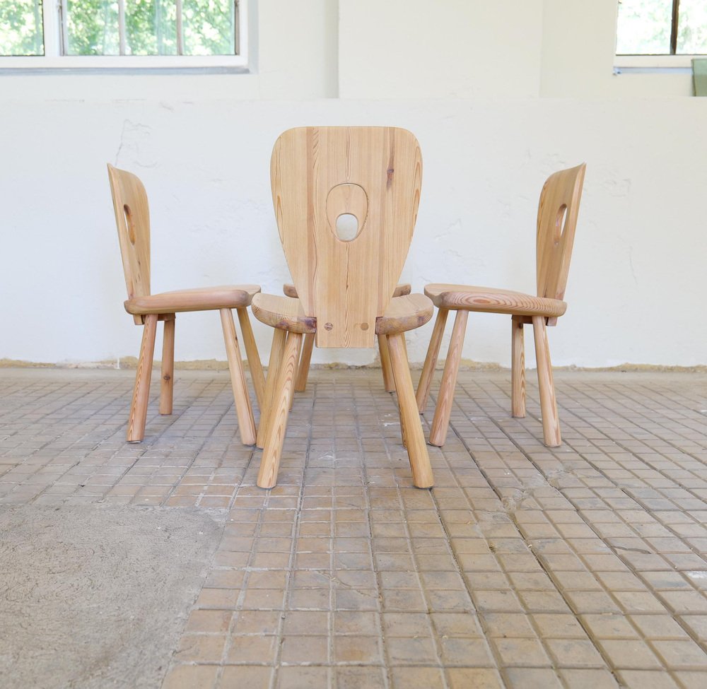 Swedish Sculptural Dining Chairs in Pine by Bo Fjaestad, 1930s, Set of 4