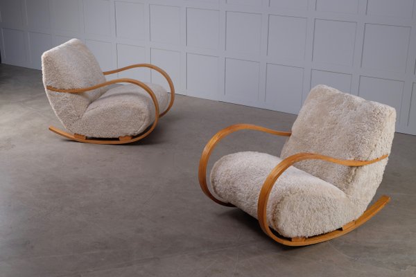 Swedish Sheepskin Rocking Chairs, 1950s, Set of 2-QU-795799