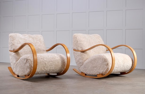 Swedish Sheepskin Rocking Chairs, 1950s, Set of 2-QU-795799