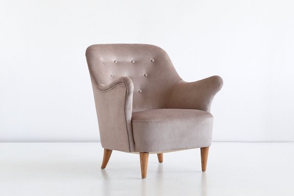 Swedish Taupe Velvet and Elm Armchair by Elsa Gullberg, 1930s-FMT-624474