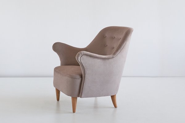 Swedish Taupe Velvet and Elm Armchair by Elsa Gullberg, 1930s-FMT-624474