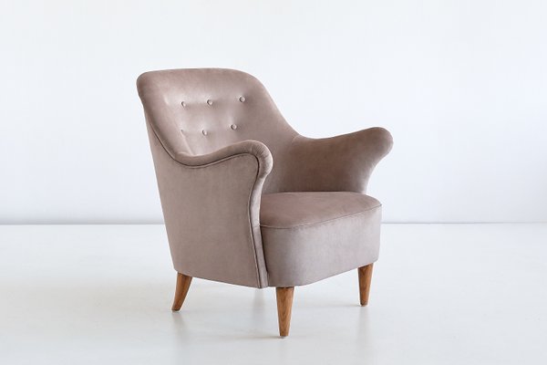 Swedish Taupe Velvet and Elm Armchair by Elsa Gullberg, 1930s-FMT-624474