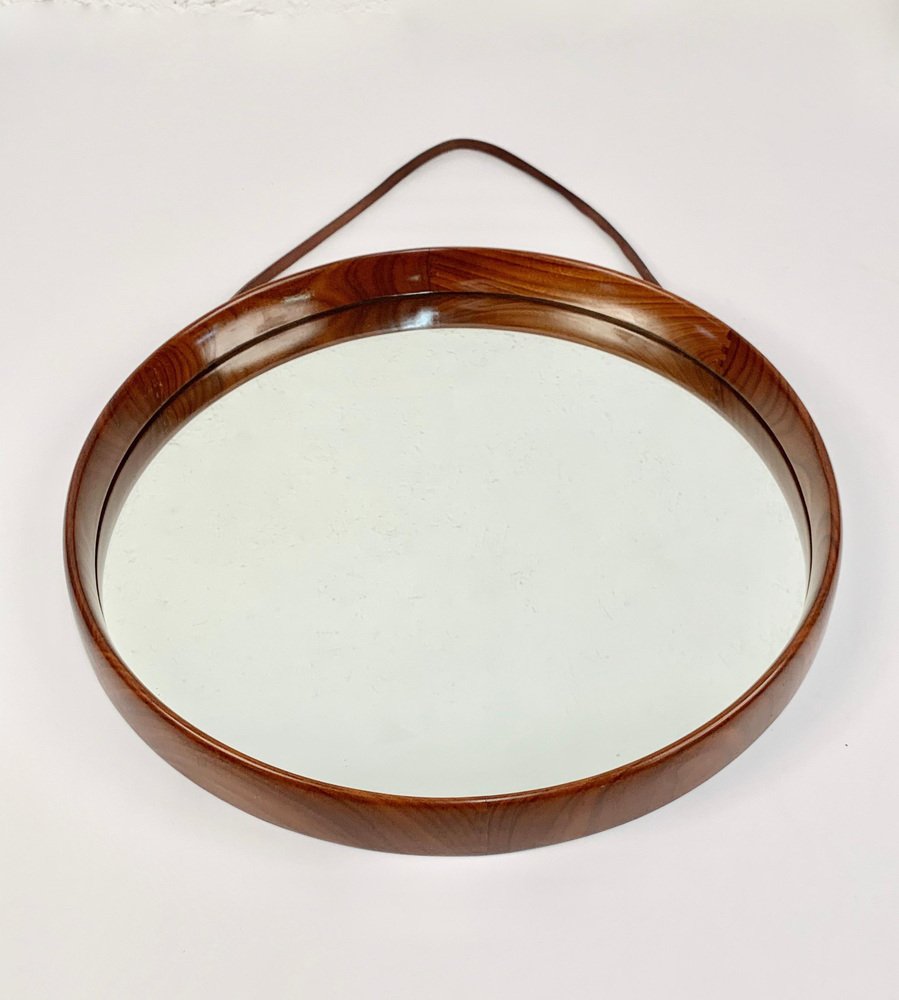 Swedish Teak and Leather Wall Mirror by Uno & Östen Kristiansson for Luxus Vittsjö, 1960s