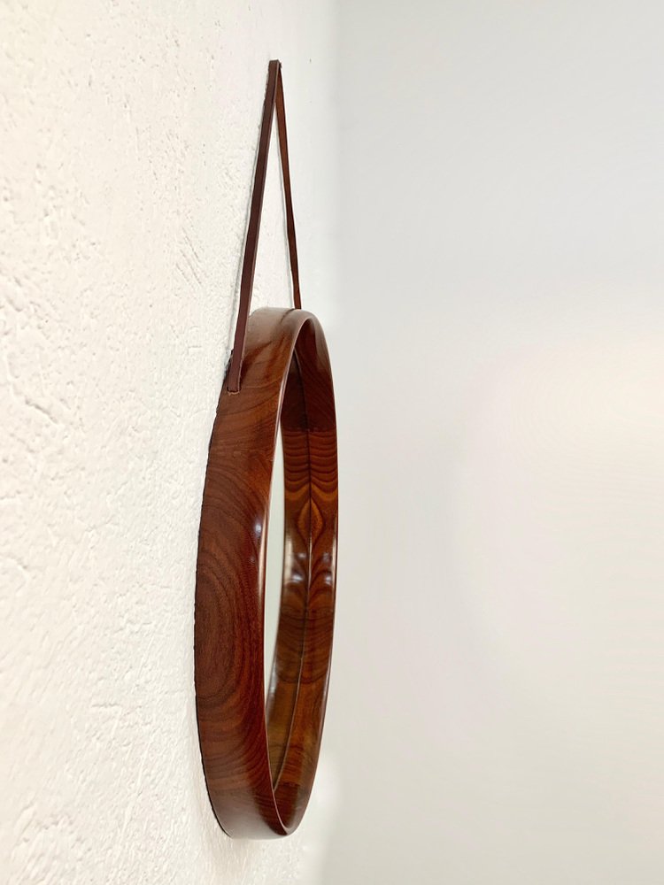 Swedish Teak and Leather Wall Mirror by Uno & Östen Kristiansson for Luxus Vittsjö, 1960s