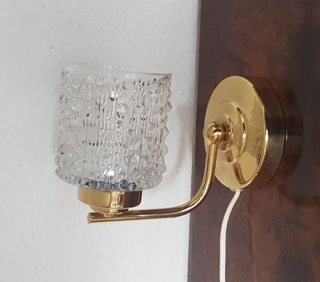 Swedish Wall Lamp with Brass Frame and Textured Crystal Glass, 1960s-QDP-1076157