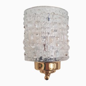 Swedish Wall Lamp with Brass Frame and Textured Crystal Glass, 1960s-QDP-1076157