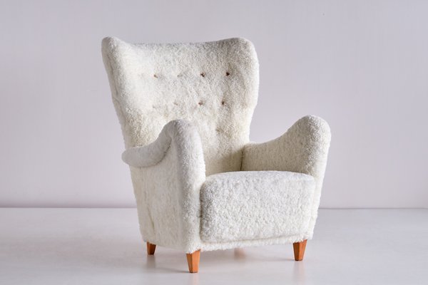 Swedish White Sheepskin and Beech Armchair by Otto Schulz from Boet, 1940s-FMT-1140615