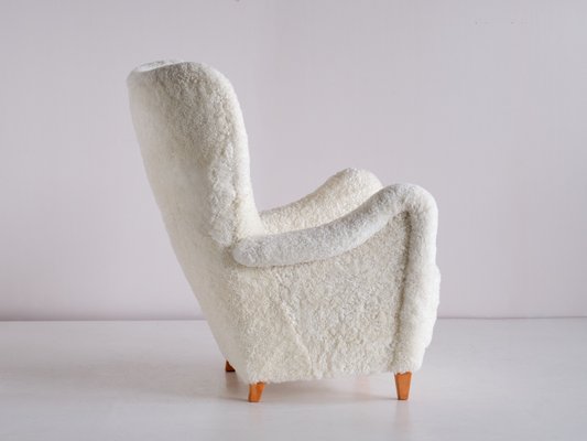 Swedish White Sheepskin and Beech Armchair by Otto Schulz from Boet, 1940s-FMT-1140615