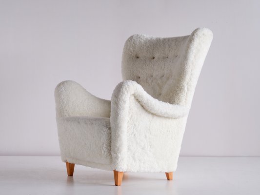 Swedish White Sheepskin and Beech Armchair by Otto Schulz from Boet, 1940s-FMT-1140615