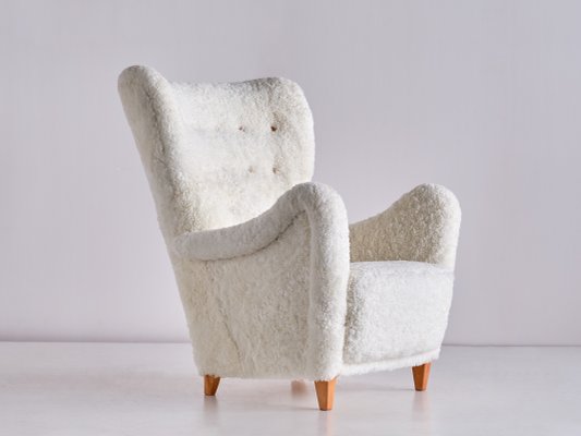 Swedish White Sheepskin and Beech Armchair by Otto Schulz from Boet, 1940s-FMT-1140615