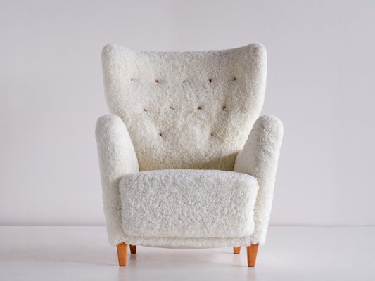 Swedish White Sheepskin and Beech Armchair by Otto Schulz from Boet, 1940s-FMT-1140615