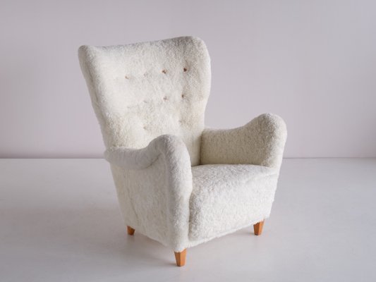 Swedish White Sheepskin and Beech Armchair by Otto Schulz from Boet, 1940s-FMT-1140615