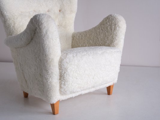 Swedish White Sheepskin and Beech Armchair by Otto Schulz from Boet, 1940s-FMT-1140615