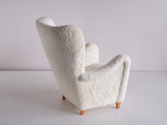 Swedish White Sheepskin and Beech Armchair by Otto Schulz from Boet, 1940s-FMT-1140615