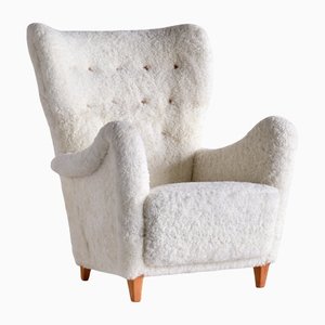 Swedish White Sheepskin and Beech Armchair by Otto Schulz from Boet, 1940s-FMT-1140615