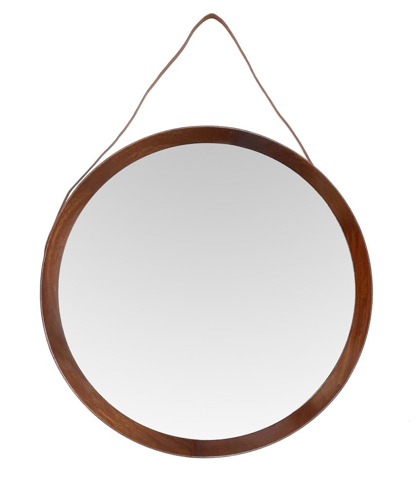 Swedish Wood & Leather Wall Mirror by Uno & Östen Kristiansson for Luxus, 1960s