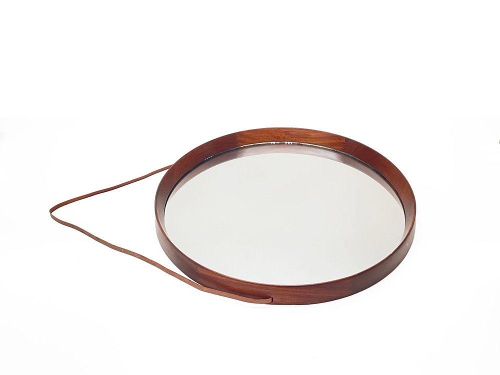 Swedish Wood & Leather Wall Mirror by Uno & Östen Kristiansson for Luxus, 1960s