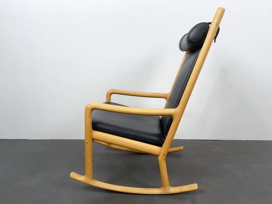 Swing Rocking Chair in Beech Wood and Dark Blue Leather by Hans Olsen for Juul Kristensen, Denmark, 1970s