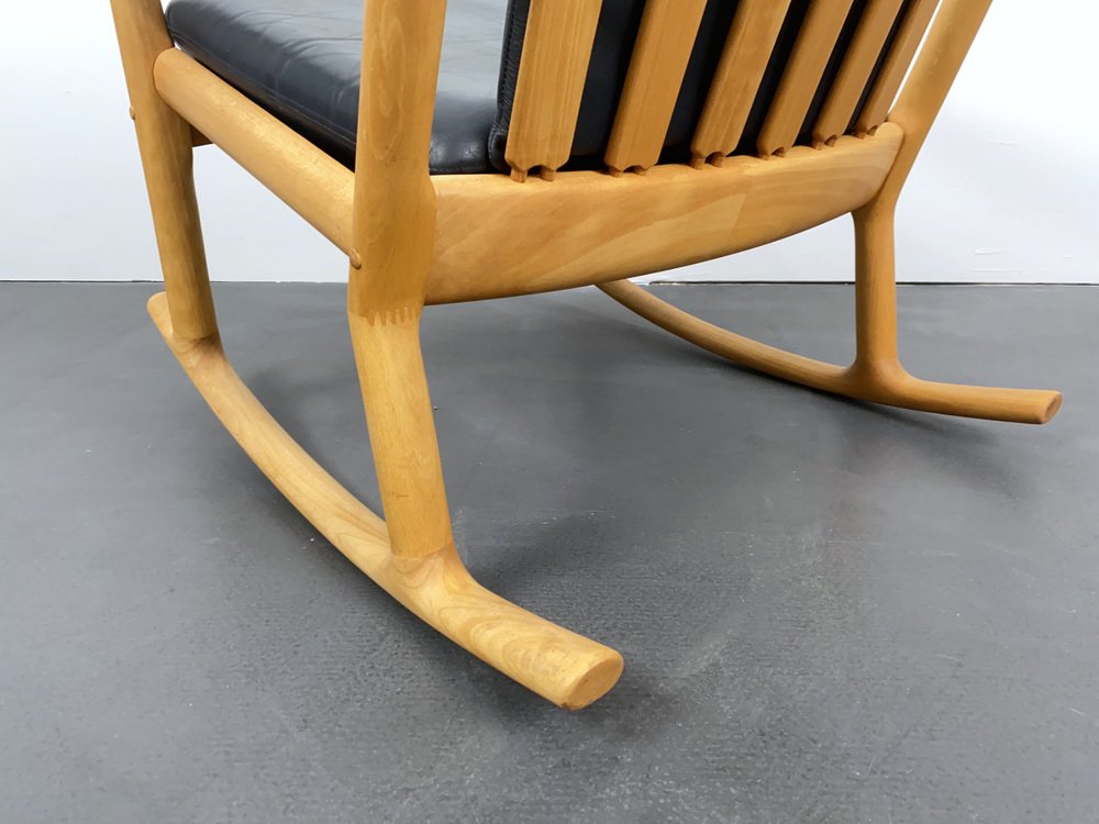 Swing Rocking Chair in Beech Wood and Dark Blue Leather by Hans Olsen for Juul Kristensen, Denmark, 1970s