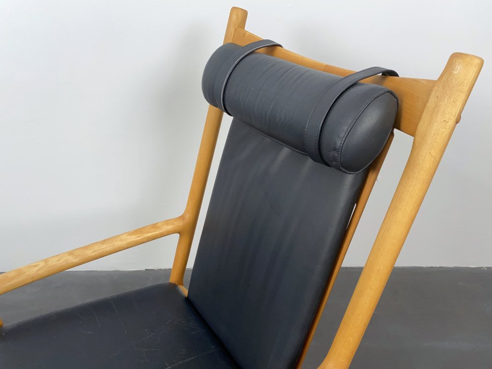 Swing Rocking Chair in Beech Wood and Dark Blue Leather by Hans Olsen for Juul Kristensen, Denmark, 1970s