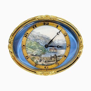 Swiss Gilt-Brass with Painted Landscape Oval Desk Clock, Swiss, 1890s-UCH-1431513