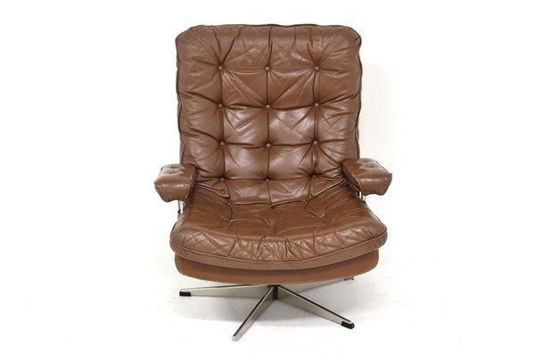 Swivel Leather Scandinavian Armchair, 1970s-GEK-1425040