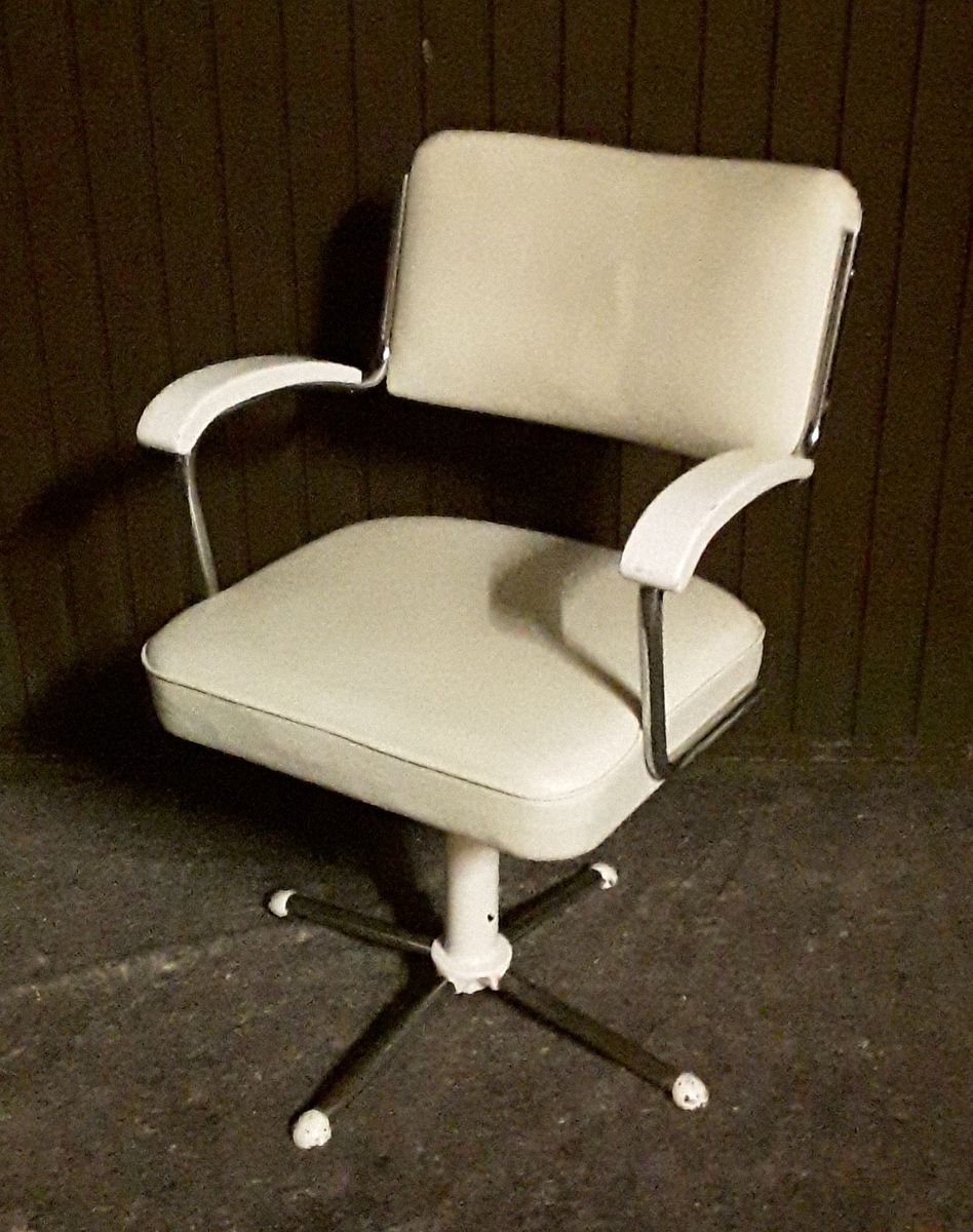 Swiveling Tubular Steel Chair with White Leatherette Upholstery, 1950s