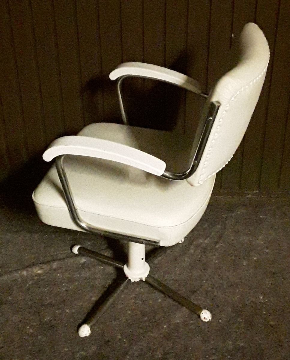 Swiveling Tubular Steel Chair with White Leatherette Upholstery, 1950s