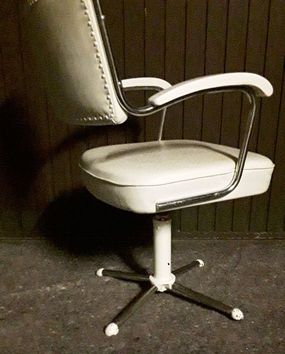 Swiveling Tubular Steel Chair with White Leatherette Upholstery, 1950s