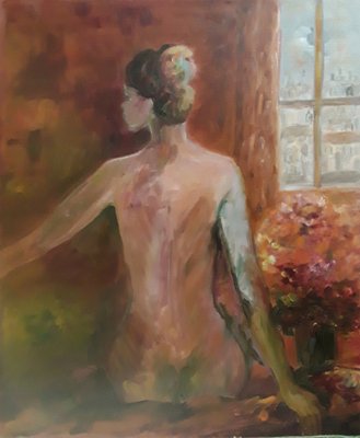 Sylvie De Franqueville, Female Nude from Behind, 1990s, Original Oil Painting on Canvas-HOI-1806174