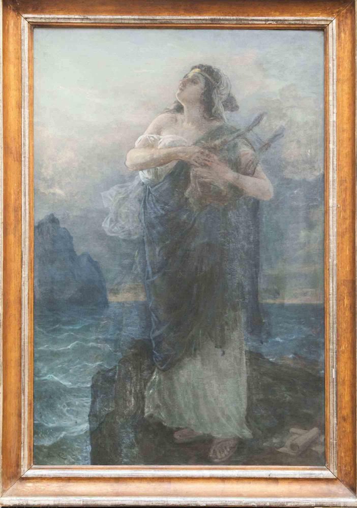 Symbolist Painter, Lady with Harp, 19th Century, Oil on Canvas, Framed