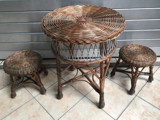 Table and 2 Wicker Stools 1960s, Set of 3-WQQ-929105