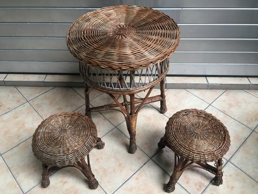 Table and 2 Wicker Stools 1960s, Set of 3-WQQ-929105