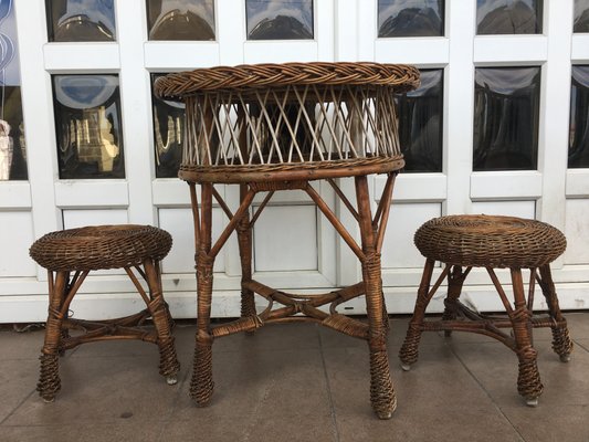 Table and 2 Wicker Stools 1960s, Set of 3-WQQ-929105