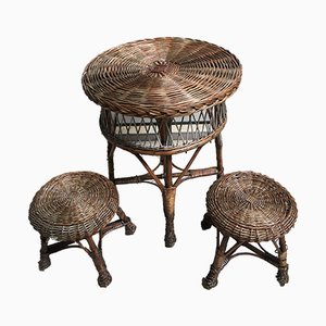 Table and 2 Wicker Stools 1960s, Set of 3-WQQ-929105