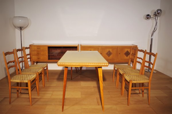 Table, Chairs & Sideboard in Wood, 1940s, Set of 9-KNM-1063720