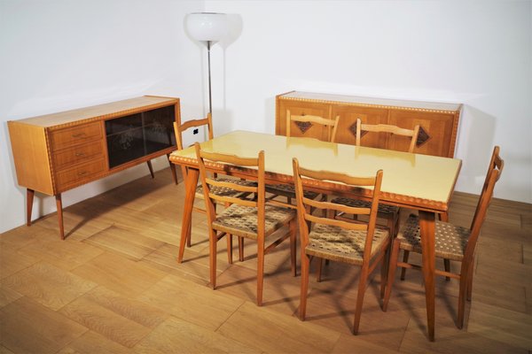 Table, Chairs & Sideboard in Wood, 1940s, Set of 9-KNM-1063720