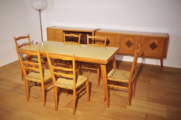 Table, Chairs & Sideboard in Wood, 1940s, Set of 9-KNM-1063720