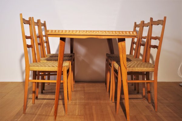 Table, Chairs & Sideboard in Wood, 1940s, Set of 9-KNM-1063720