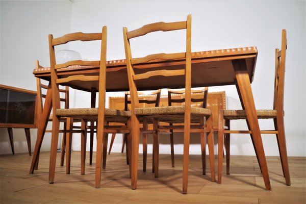 Table, Chairs & Sideboard in Wood, 1940s, Set of 9-KNM-1063720