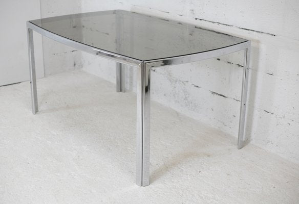 Table in Chromed Metal with Curved Smoked Glass Slab Top, France, 1970s-MAO-1009331