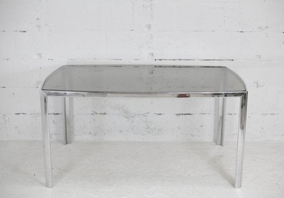 Table in Chromed Metal with Curved Smoked Glass Slab Top, France, 1970s-MAO-1009331