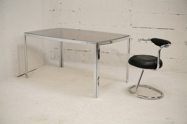 Table in Chromed Metal with Curved Smoked Glass Slab Top, France, 1970s-MAO-1009331