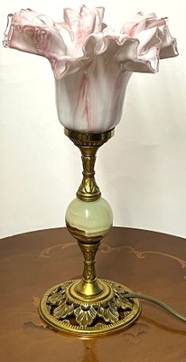 Table Lamp Brass Onyx with Glass Shade, 1950s-NGU-2016648